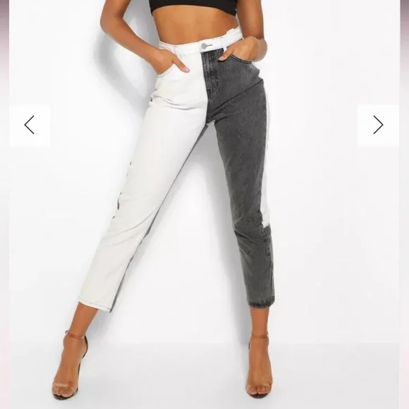 BOOHOO COLOR BLOCK HIGH RAISE STRAIGHT LEG JEANS BLACK WHITE SIZE US